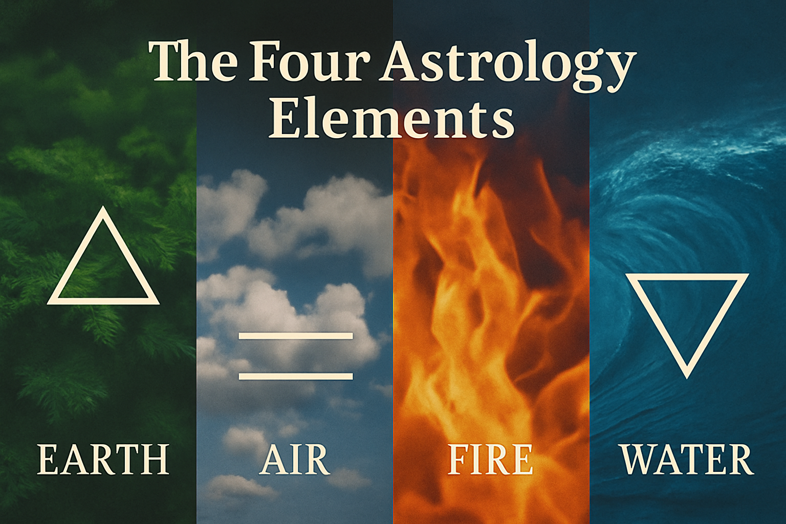 A visual representation of the four astrology elements: Earth, Air, Fire, and Water, with corresponding colors and symbols for each element.
